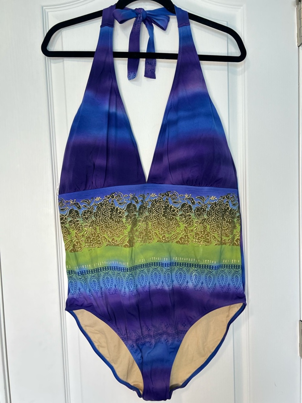 Y2K Newport News One Piece Swimsuit  Women 20 Purple Blue Green with Gold Accent